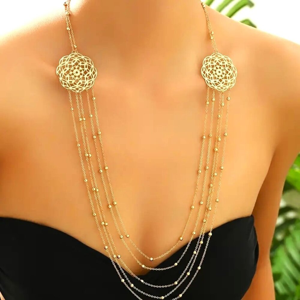 Necklace Layered Mandala Beads Gold Glam Trendy Elegant Boho Sexy Stylish Unique